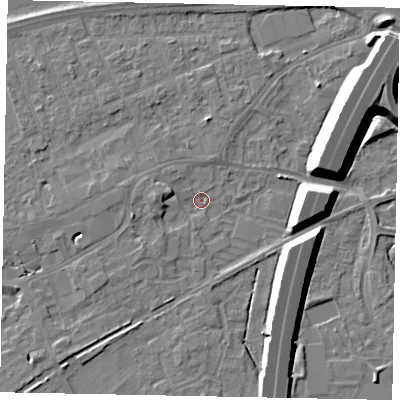 Shaded relief map of the ground around TW209HR, computed from Environment Agency LiDAR. The ground here sits at about 15 m above sea level and falls 11 m across the surrounding 800 m. Surface water reaching this point runs off ground lying to the east, 9.6 m higher.