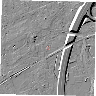 Shaded relief map of the ground around TW209HS, computed from Environment Agency LiDAR. The ground here sits at about 15 m above sea level and falls 12 m across the surrounding 800 m. Surface water reaching this point runs off ground lying to the east-north-east, 9.1 m higher.