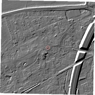 Shaded relief map of the ground around TW209HU, computed from Environment Agency LiDAR. The ground here sits at about 16 m above sea level and falls 11 m across the surrounding 800 m. Surface water reaching this point runs off ground lying to the west-south-west, 1.7 m higher.