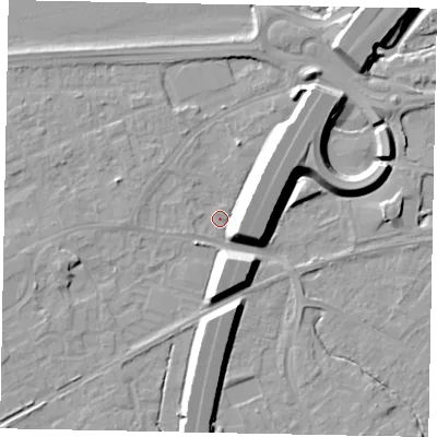 Shaded relief map of the ground around TW209HW, computed from Environment Agency LiDAR. The ground here sits at about 15 m above sea level and falls 12 m across the surrounding 800 m. Surface water reaching this point runs off ground lying to the north-east, 10.8 m higher.