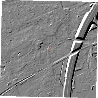 Shaded relief map of the ground around TW209HX, computed from Environment Agency LiDAR. The ground here sits at about 15 m above sea level and falls 11 m across the surrounding 800 m. Surface water reaching this point runs off ground lying to the east-north-east, 9.6 m higher.
