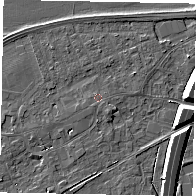 Shaded relief map of the ground around TW209HY, computed from Environment Agency LiDAR. The ground here sits at about 17 m above sea level and falls 11 m across the surrounding 800 m. Surface water reaching this point runs off ground lying to the south-west, 1.1 m higher.