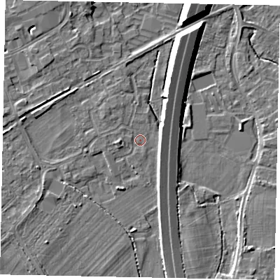 Shaded relief map of the ground around TW209JA, computed from Environment Agency LiDAR. The ground here sits at about 16 m above sea level and falls 10 m across the surrounding 800 m. Surface water reaching this point runs off ground lying to the north-north-east, 8.4 m higher.