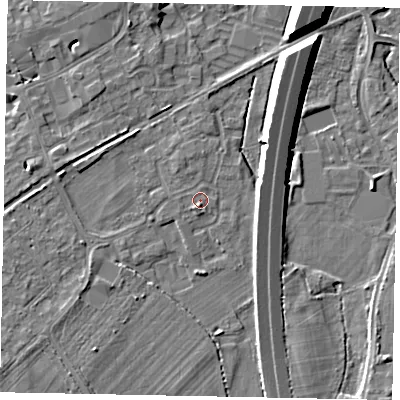Shaded relief map of the ground around TW209JB, computed from Environment Agency LiDAR. The ground here sits at about 16 m above sea level and falls 10 m across the surrounding 800 m. Surface water reaching this point runs off ground lying to the south-south-west, 1.2 m higher.
