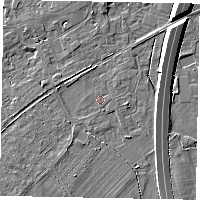 Shaded relief map of the ground around TW209JD, computed from Environment Agency LiDAR. The ground here sits at about 16 m above sea level and falls 10 m across the surrounding 800 m. Surface water reaching this point runs off ground lying to the south, 0.7 m higher.