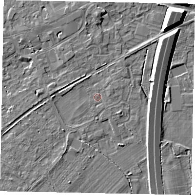 Shaded relief map of the ground around TW209JE, computed from Environment Agency LiDAR. The ground here sits at about 16 m above sea level and falls 10 m across the surrounding 800 m. Surface water reaching this point runs off ground lying to the east-north-east, 1.0 m higher.