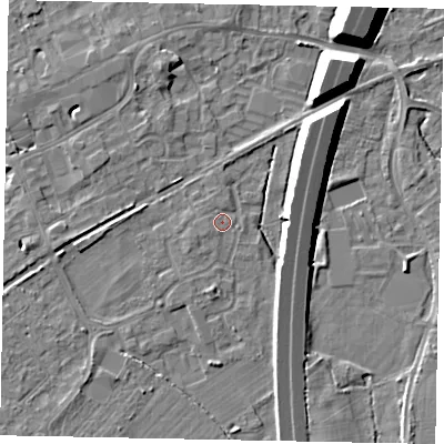Shaded relief map of the ground around TW209JF, computed from Environment Agency LiDAR. The ground here sits at about 16 m above sea level and falls 11 m across the surrounding 800 m. Surface water reaching this point runs off ground lying to the west-south-west, 2.7 m higher.