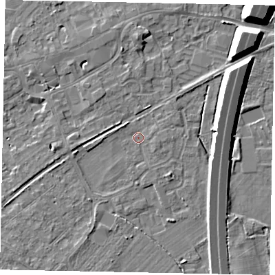 Shaded relief map of the ground around TW209JG, computed from Environment Agency LiDAR. The ground here sits at about 16 m above sea level and falls 10 m across the surrounding 800 m. Surface water reaching this point runs off ground lying to the west-north-west, 1.4 m higher.