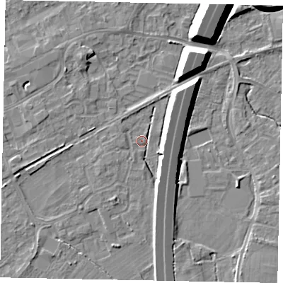 Shaded relief map of the ground around TW209JH, computed from Environment Agency LiDAR. The ground here sits at about 15 m above sea level and falls 11 m across the surrounding 800 m. Surface water reaching this point runs off ground lying to the south-west, 2.7 m higher.