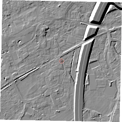 Shaded relief map of the ground around TW209JJ, computed from Environment Agency LiDAR. The ground here sits at about 16 m above sea level and falls 11 m across the surrounding 800 m. Surface water reaching this point runs off ground lying to the south-south-west, 2.7 m higher.