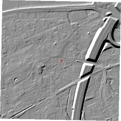 Shaded relief map of the ground around TW209JN, computed from Environment Agency LiDAR. The ground here sits at about 16 m above sea level and falls 12 m across the surrounding 800 m. Surface water reaching this point runs off ground lying to the west-south-west, 3.2 m higher.