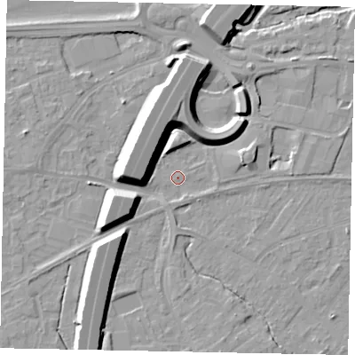 Shaded relief map of the ground around TW209JP, computed from Environment Agency LiDAR. The ground here sits at about 15 m above sea level and falls 12 m across the surrounding 800 m. Surface water reaching this point runs off ground lying to the west-south-west, 8.9 m higher.