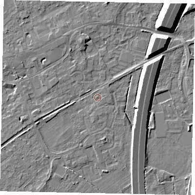 Shaded relief map of the ground around TW209JQ, computed from Environment Agency LiDAR. The ground here sits at about 16 m above sea level and falls 11 m across the surrounding 800 m. Surface water reaching this point runs off ground lying to the south-south-east, 0.6 m higher.