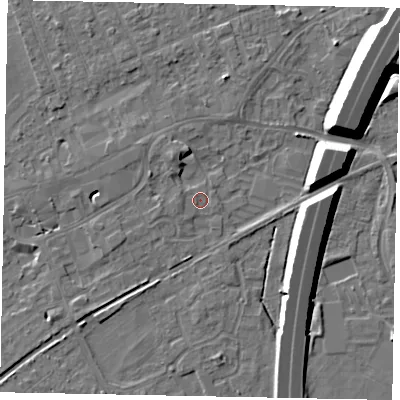 Shaded relief map of the ground around TW209JR, computed from Environment Agency LiDAR. The ground here sits at about 16 m above sea level and falls 11 m across the surrounding 800 m. Surface water reaching this point runs off ground lying to the west, 1.2 m higher.