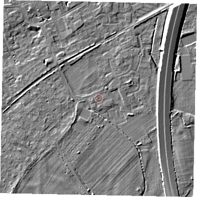 Shaded relief map of the ground around TW209JS, computed from Environment Agency LiDAR. The ground here sits at about 16 m above sea level and falls 8 m across the surrounding 800 m. Surface water reaching this point runs off ground lying to the west-north-west, 2.0 m higher.