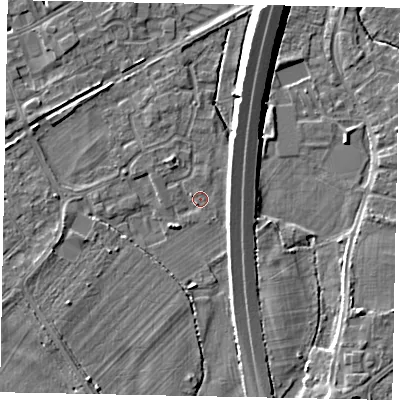 Shaded relief map of the ground around TW209JT, computed from Environment Agency LiDAR. The ground here sits at about 16 m above sea level and falls 9 m across the surrounding 800 m. Surface water reaching this point runs off ground lying to the north-west, 1.8 m higher.