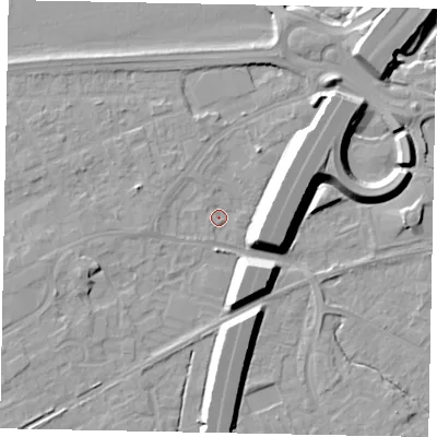 Shaded relief map of the ground around TW209JW, computed from Environment Agency LiDAR. The ground here sits at about 15 m above sea level and falls 12 m across the surrounding 800 m. Surface water reaching this point runs off ground lying to the south-south-east, 9.4 m higher.