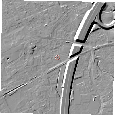 Shaded relief map of the ground around TW209JZ, computed from Environment Agency LiDAR. The ground here sits at about 15 m above sea level and falls 12 m across the surrounding 800 m. Surface water reaching this point runs off ground lying to the east-north-east, 9.1 m higher.