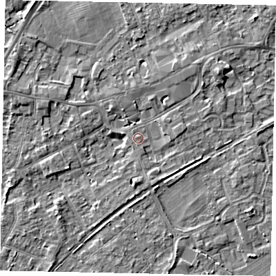 Shaded relief map of the ground around TW209LA, computed from Environment Agency LiDAR. The ground here sits at about 17 m above sea level and falls 5 m across the surrounding 800 m. Surface water reaching this point runs off ground lying to the south-south-east, 1.0 m higher.