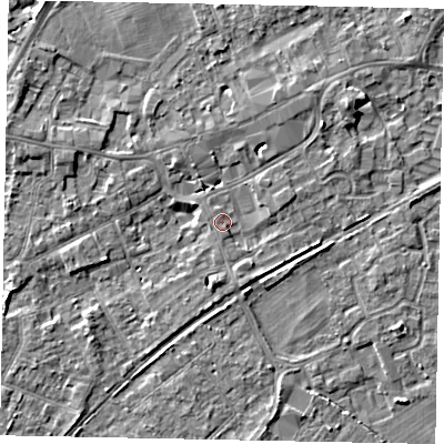 Shaded relief map of the ground around TW209LB, computed from Environment Agency LiDAR. The ground here sits at about 16 m above sea level and falls 5 m across the surrounding 800 m. Surface water reaching this point runs off ground lying to the south-east, 1.0 m higher.