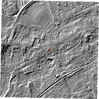 Shaded relief map of the ground around TW209LE, computed from Environment Agency LiDAR. The ground here sits at about 17 m above sea level and falls 7 m across the surrounding 800 m. Surface water reaching this point runs off ground lying to the west, 0.9 m higher.