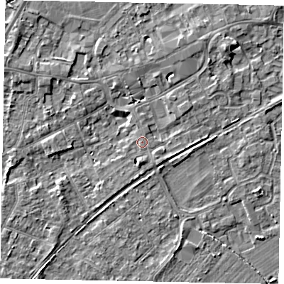 Shaded relief map of the ground around TW209LF, computed from Environment Agency LiDAR. The ground here sits at about 17 m above sea level and falls 5 m across the surrounding 800 m. Surface water reaching this point runs off ground lying to the south, 2.5 m higher.