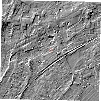 Shaded relief map of the ground around TW209LN, computed from Environment Agency LiDAR. The ground here sits at about 16 m above sea level and falls 6 m across the surrounding 800 m. Surface water reaching this point runs off ground lying to the east-south-east, 2.5 m higher.