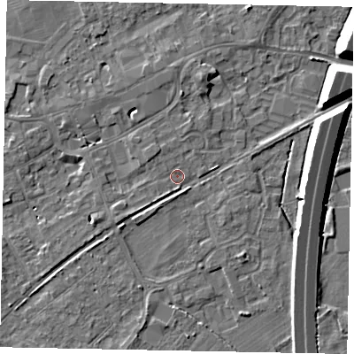 Shaded relief map of the ground around TW209LQ, computed from Environment Agency LiDAR. The ground here sits at about 16 m above sea level and falls 11 m across the surrounding 800 m. Surface water reaching this point runs off ground lying to the north-north-west, 3.6 m higher.