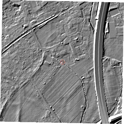 Shaded relief map of the ground around TW209LX, computed from Environment Agency LiDAR. The ground here sits at about 15 m above sea level and falls 9 m across the surrounding 800 m. Surface water reaching this point runs off ground lying to the north-west, 2.6 m higher.