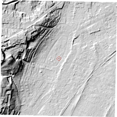 Shaded relief map of the ground around TW209PH, computed from Environment Agency LiDAR. The ground here sits at about 16 m above sea level and falls 32 m across the surrounding 800 m. Surface water reaching this point runs off ground lying to the west, 30.1 m higher.