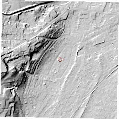 Shaded relief map of the ground around TW209PJ, computed from Environment Agency LiDAR. The ground here sits at about 17 m above sea level and falls 32 m across the surrounding 800 m. Surface water reaching this point runs off ground lying to the west, 30.7 m higher.