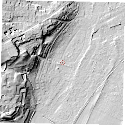 Shaded relief map of the ground around TW209PN, computed from Environment Agency LiDAR. The ground here sits at about 17 m above sea level and falls 33 m across the surrounding 800 m. Surface water reaching this point runs off ground lying to the west-north-west, 30.6 m higher.