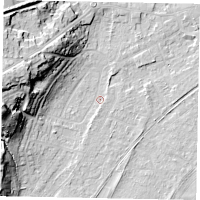 Shaded relief map of the ground around TW209PQ, computed from Environment Agency LiDAR. The ground here sits at about 17 m above sea level and falls 28 m across the surrounding 800 m. Surface water reaching this point runs off ground lying to the west, 27.0 m higher.