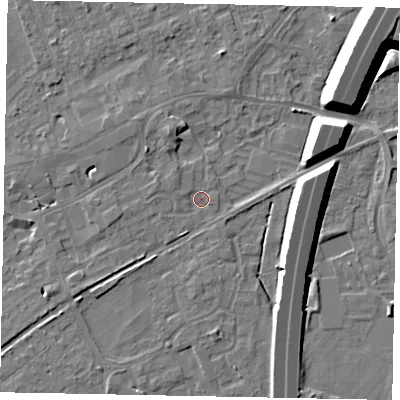 Shaded relief map of the ground around TW209PZ, computed from Environment Agency LiDAR. The ground here sits at about 16 m above sea level and falls 11 m across the surrounding 800 m. Surface water reaching this point runs off ground lying to the north-west, 3.6 m higher.