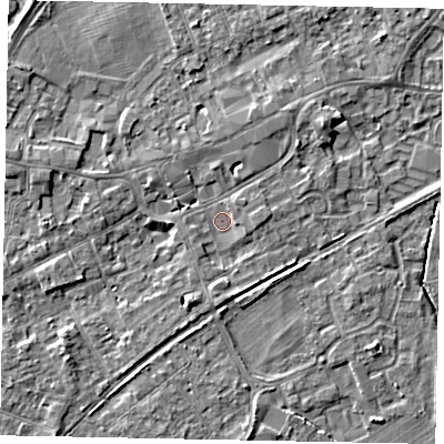 Shaded relief map of the ground around TW209QB, computed from Environment Agency LiDAR. The ground here sits at about 16 m above sea level and falls 4 m across the surrounding 800 m. Surface water reaching this point runs off ground lying to the west-north-west, 3.9 m higher.