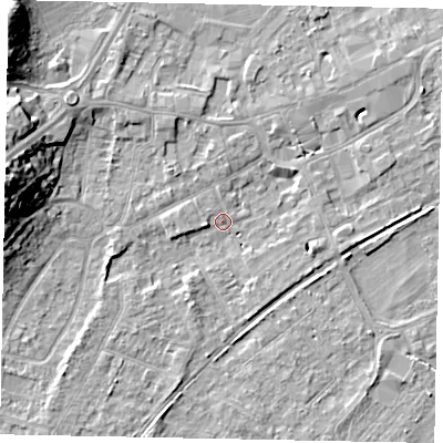 Shaded relief map of the ground around TW209QR, computed from Environment Agency LiDAR. The ground here sits at about 16 m above sea level and falls 17 m across the surrounding 800 m. Surface water reaching this point runs off ground lying to the west, 16.3 m higher.