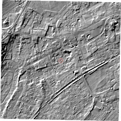 Shaded relief map of the ground around TW209QU, computed from Environment Agency LiDAR. The ground here sits at about 16 m above sea level and falls 8 m across the surrounding 800 m. Surface water reaching this point runs off ground lying to the west-north-west, 7.6 m higher.