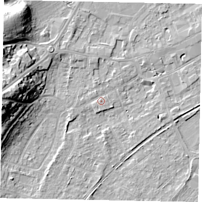 Shaded relief map of the ground around TW209QW, computed from Environment Agency LiDAR. The ground here sits at about 17 m above sea level and falls 21 m across the surrounding 800 m. Surface water reaching this point runs off ground lying to the south-west, 0.9 m higher.