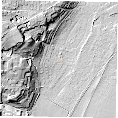 Shaded relief map of the ground around TW209QZ, computed from Environment Agency LiDAR. The ground here sits at about 17 m above sea level and falls 34 m across the surrounding 800 m. Surface water reaching this point runs off ground lying to the west-north-west, 28.3 m higher.