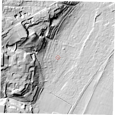 Shaded relief map of the ground around TW209RB, computed from Environment Agency LiDAR. The ground here sits at about 18 m above sea level and falls 37 m across the surrounding 800 m. Surface water reaching this point runs off ground lying to the north-west, 27.8 m higher.
