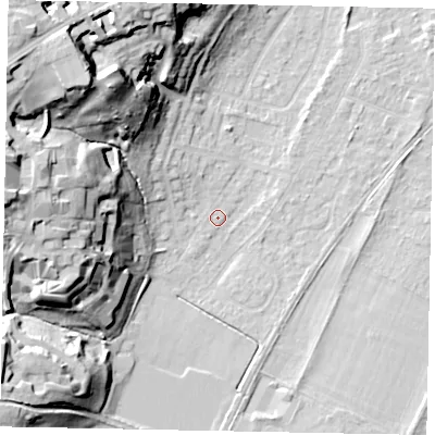Shaded relief map of the ground around TW209RE, computed from Environment Agency LiDAR. The ground here sits at about 17 m above sea level and falls 35 m across the surrounding 800 m. Surface water reaching this point runs off ground lying to the north-west, 34.0 m higher.