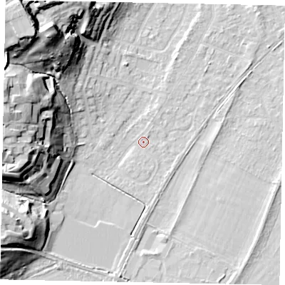Shaded relief map of the ground around TW209RG, computed from Environment Agency LiDAR. The ground here sits at about 17 m above sea level and falls 32 m across the surrounding 800 m. Surface water reaching this point runs off ground lying to the north-west, 30.6 m higher.