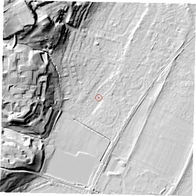 Shaded relief map of the ground around TW209RJ, computed from Environment Agency LiDAR. The ground here sits at about 16 m above sea level and falls 33 m across the surrounding 800 m. Surface water reaching this point runs off ground lying to the north-west, 30.6 m higher.