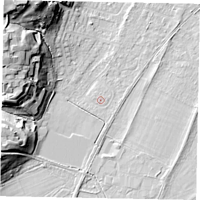Shaded relief map of the ground around TW209RQ, computed from Environment Agency LiDAR. The ground here sits at about 17 m above sea level and falls 31 m across the surrounding 800 m. Surface water reaching this point runs off ground lying to the west-south-west, 0.8 m higher.
