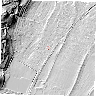 Shaded relief map of the ground around TW209SU, computed from Environment Agency LiDAR. The ground here sits at about 17 m above sea level and falls 28 m across the surrounding 800 m. Surface water reaching this point runs off ground lying to the north-west, 27.2 m higher.