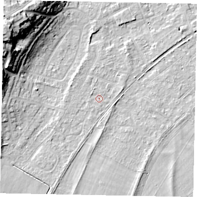 Shaded relief map of the ground around TW209SY, computed from Environment Agency LiDAR. The ground here sits at about 17 m above sea level and falls 25 m across the surrounding 800 m. Surface water reaching this point runs off ground lying to the north-north-west, 1.0 m higher.