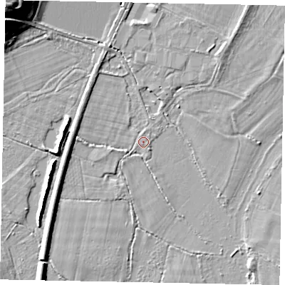 Shaded relief map of the ground around TW209TP, computed from Environment Agency LiDAR. The ground here sits at about 16 m above sea level and falls 17 m across the surrounding 800 m. Surface water reaching this point runs off ground lying to the west, 3.0 m higher.