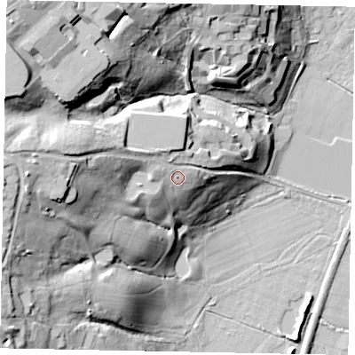 Shaded relief map of the ground around TW209TR, computed from Environment Agency LiDAR. The ground here sits at about 37 m above sea level and falls 45 m across the surrounding 800 m. Surface water reaching this point runs off ground lying to the west, 19.1 m higher.