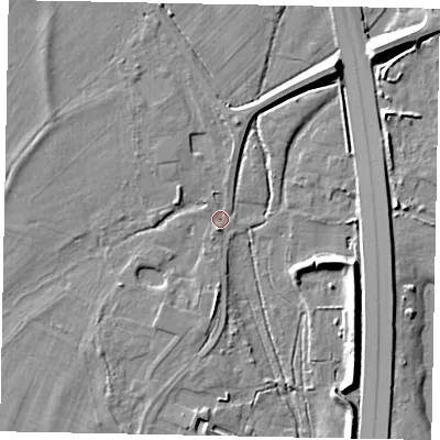 Shaded relief map of the ground around TW209UP, computed from Environment Agency LiDAR. The ground here sits at about 15 m above sea level and falls 9 m across the surrounding 800 m. Surface water reaching this point runs off ground lying to the south, 3.0 m higher.
