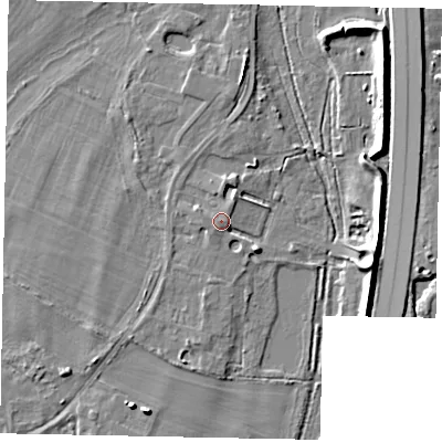 Shaded relief map of the ground around TW209UR, computed from Environment Agency LiDAR. The ground here sits at about 16 m above sea level and falls 7 m across the surrounding 800 m. Surface water reaching this point runs off ground lying to the south-east, 2.9 m higher.